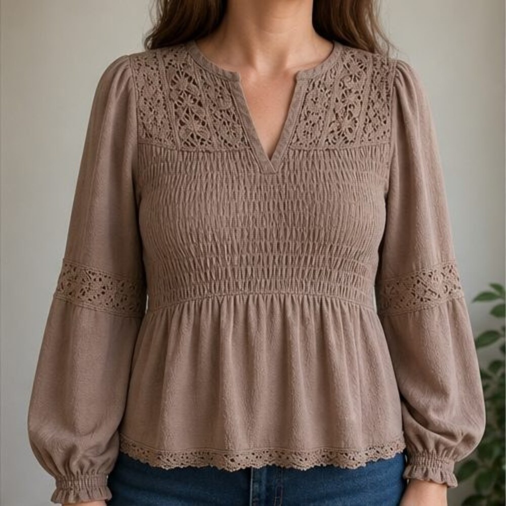 Taupe Ruffle Blouse - Picture 2 of 6
